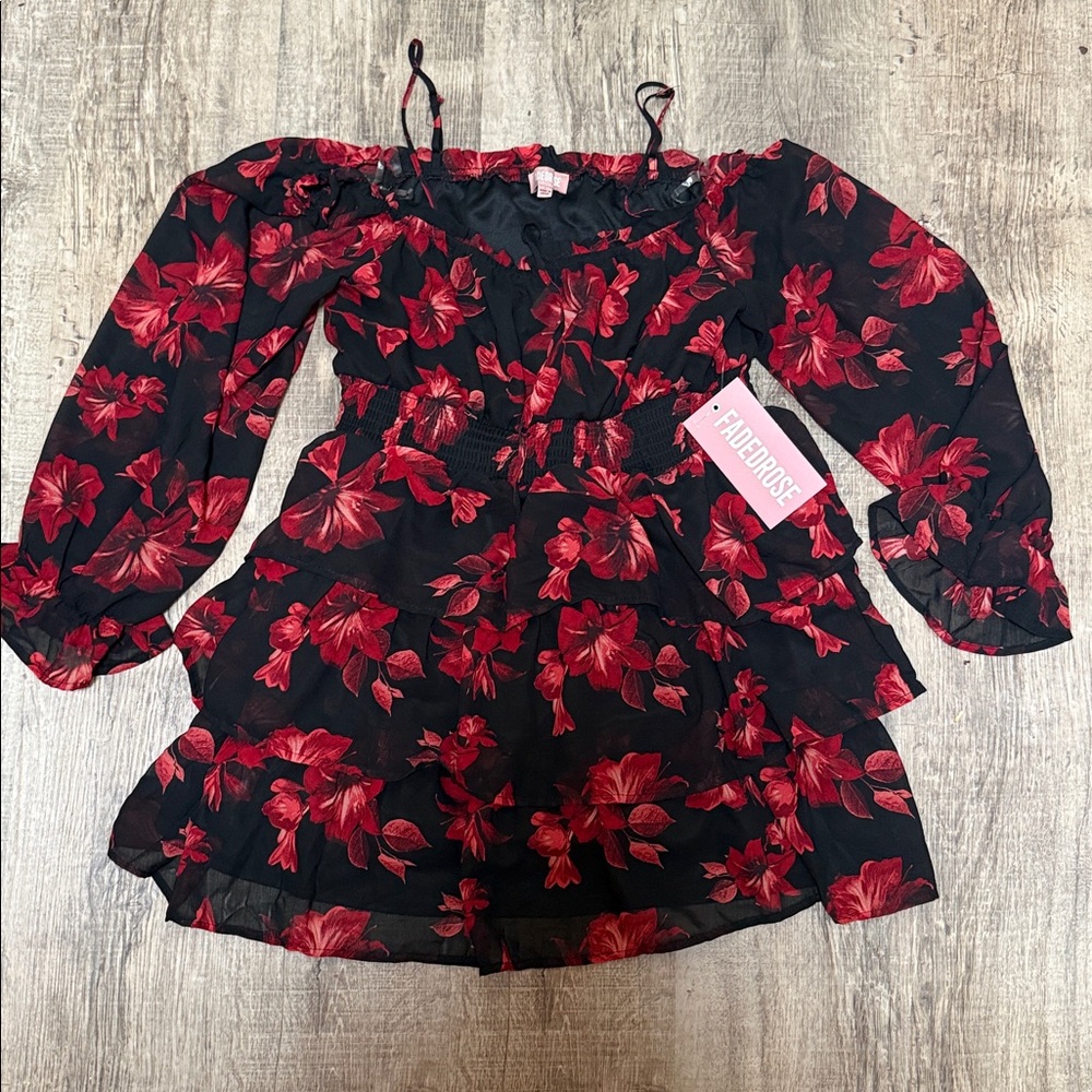Faded Rose Women's Black Red Floral Off-Shoulder Dress
